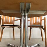 Old inlaid wood table designed by Dieter Waeckerlin Idealheim from the 70s with metal foot