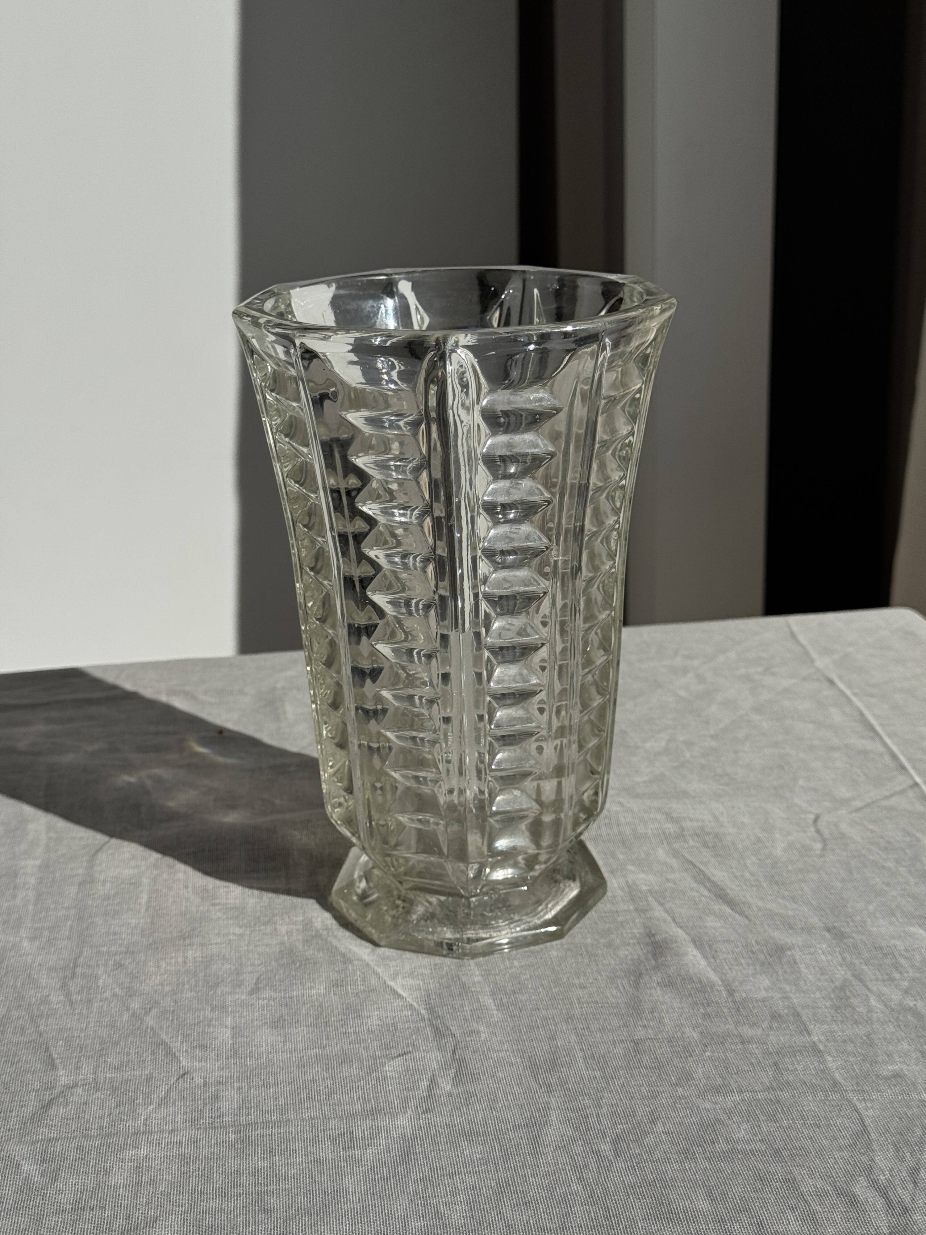 Vintage geometric moulded glass flared vase H21