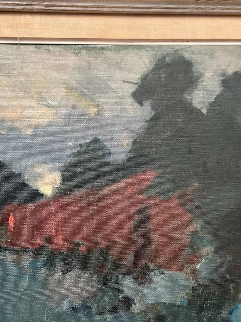 Original Swedish Oil on Canvas – “Red Barn” by Arne Aspelin – Signed – Vintage & Framed – 70 × 50 cm (27.6" × 19.7")
