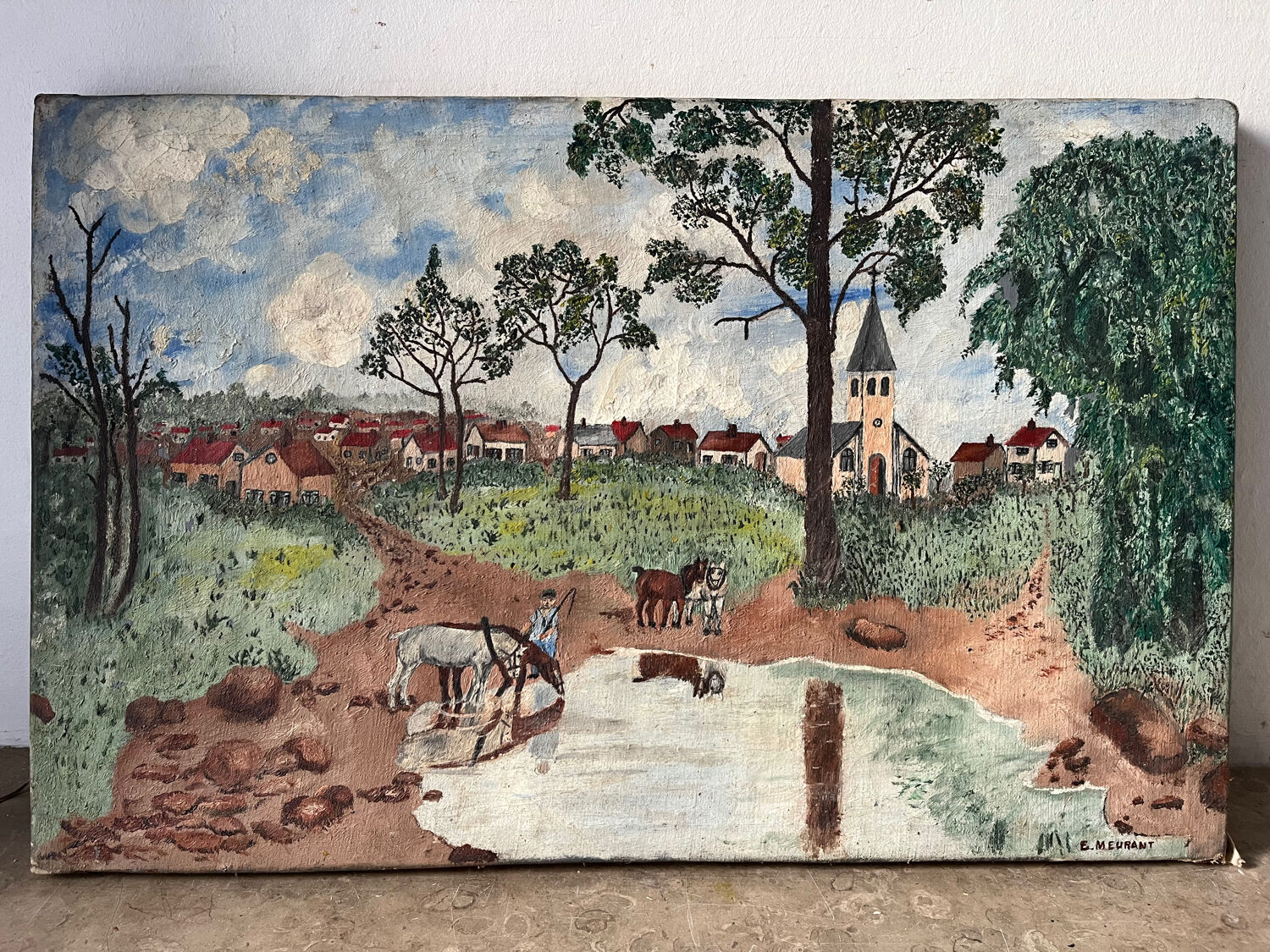Countryside scene with horses, signed