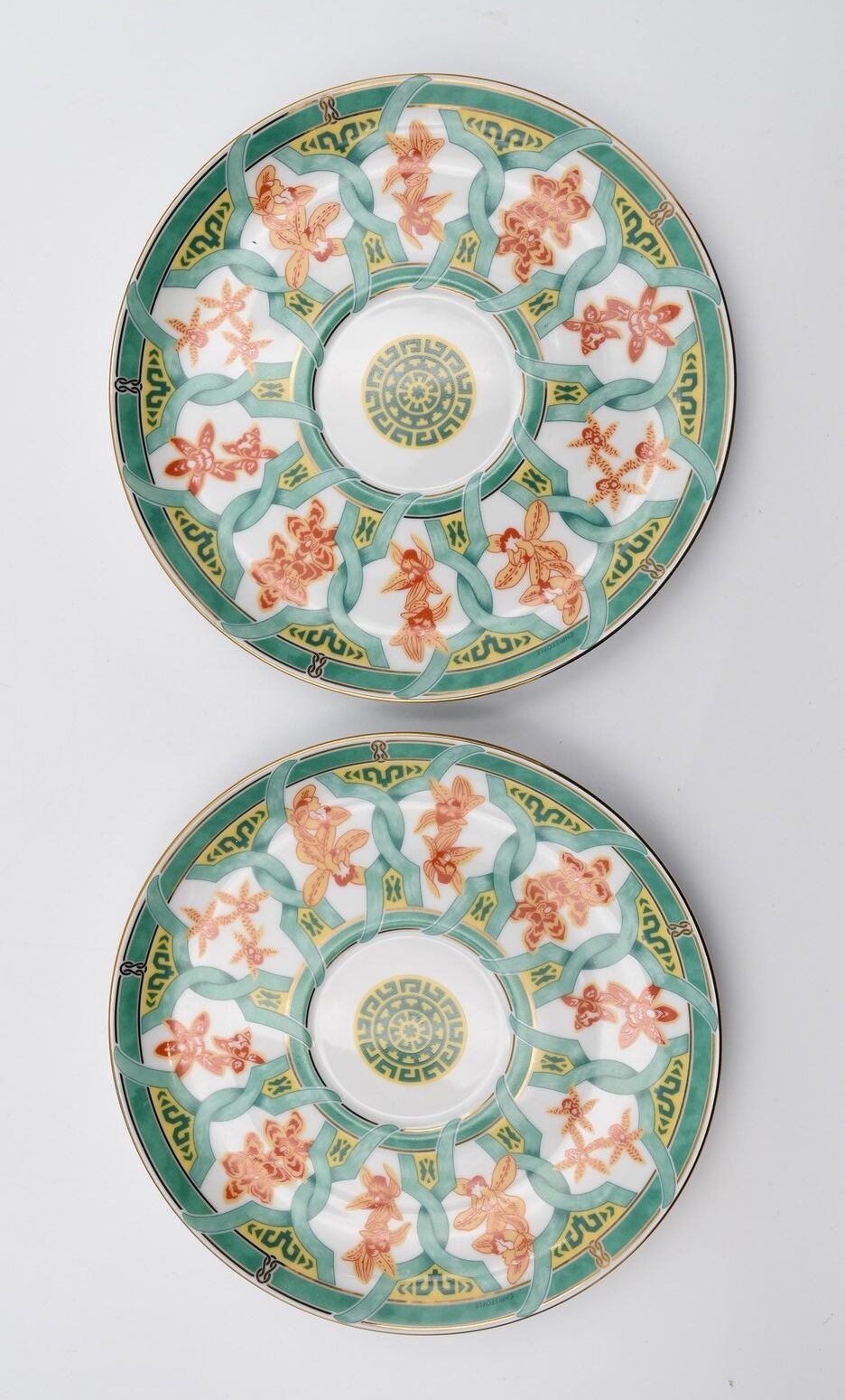 2 cups Christofle Oceana Green Ginkgo porcelain