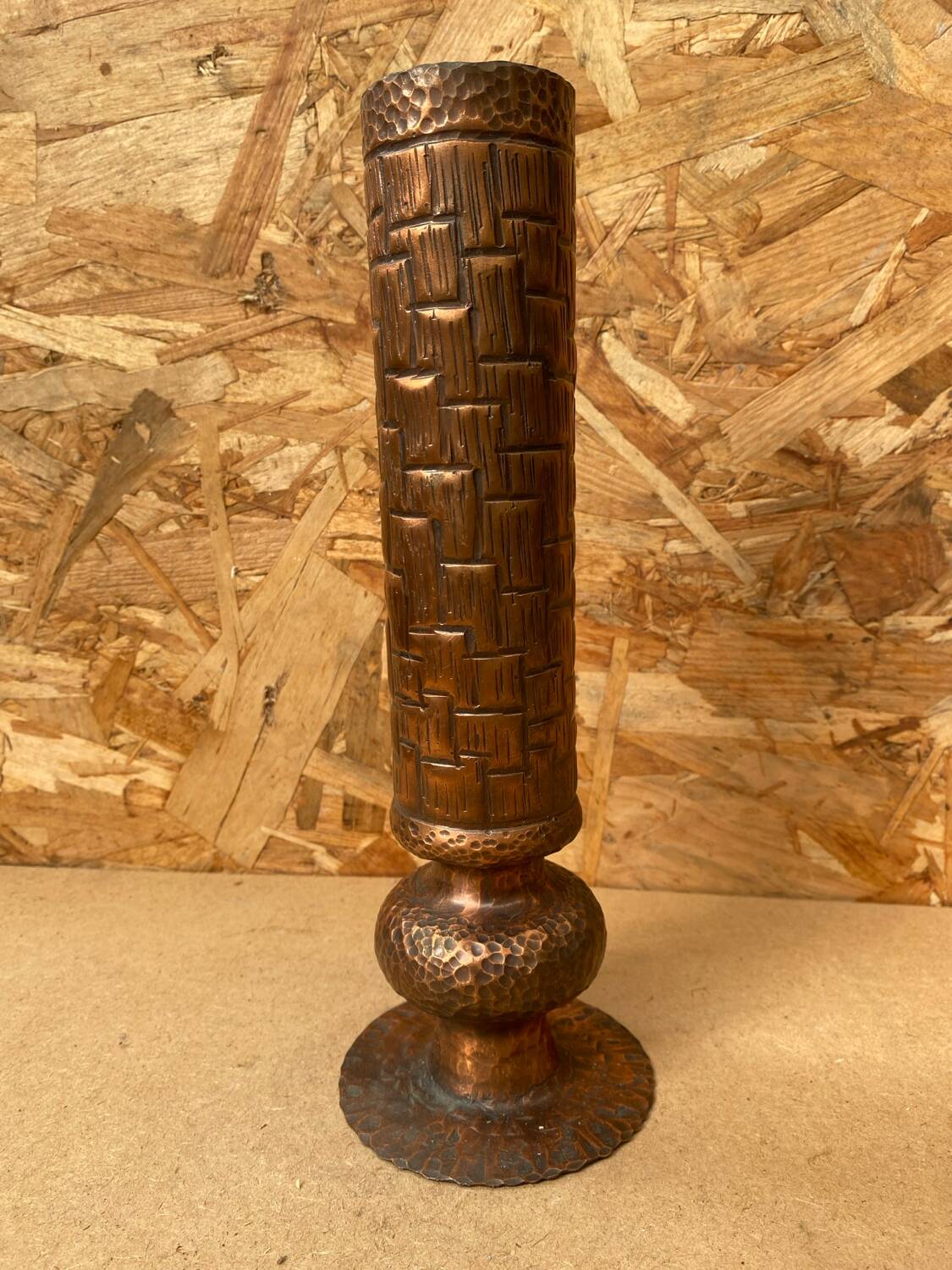Antique brutalist hammered copper cylinder vase vintage