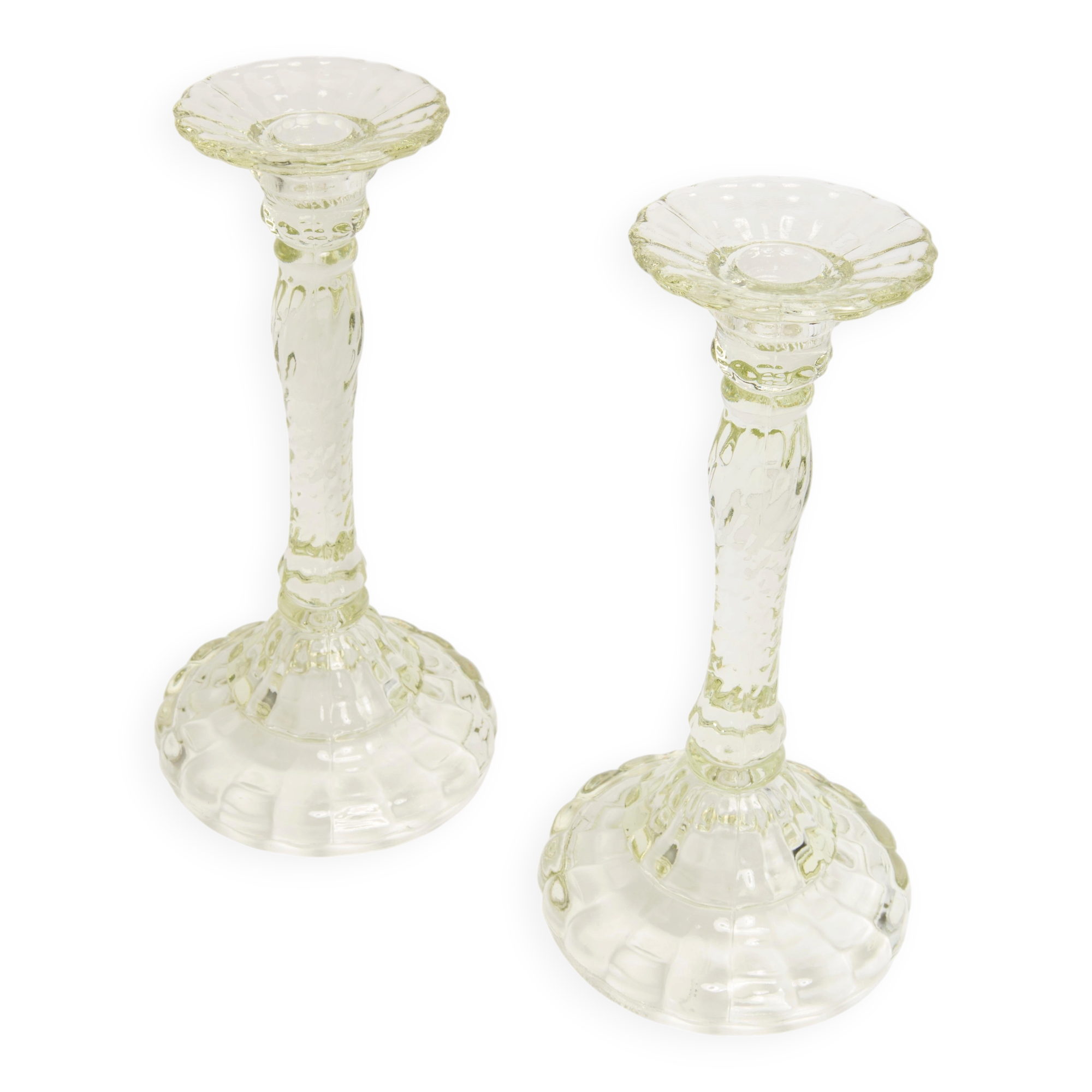 Set of two light green glass candlesticks from the mid-century, Europe, 1960s.