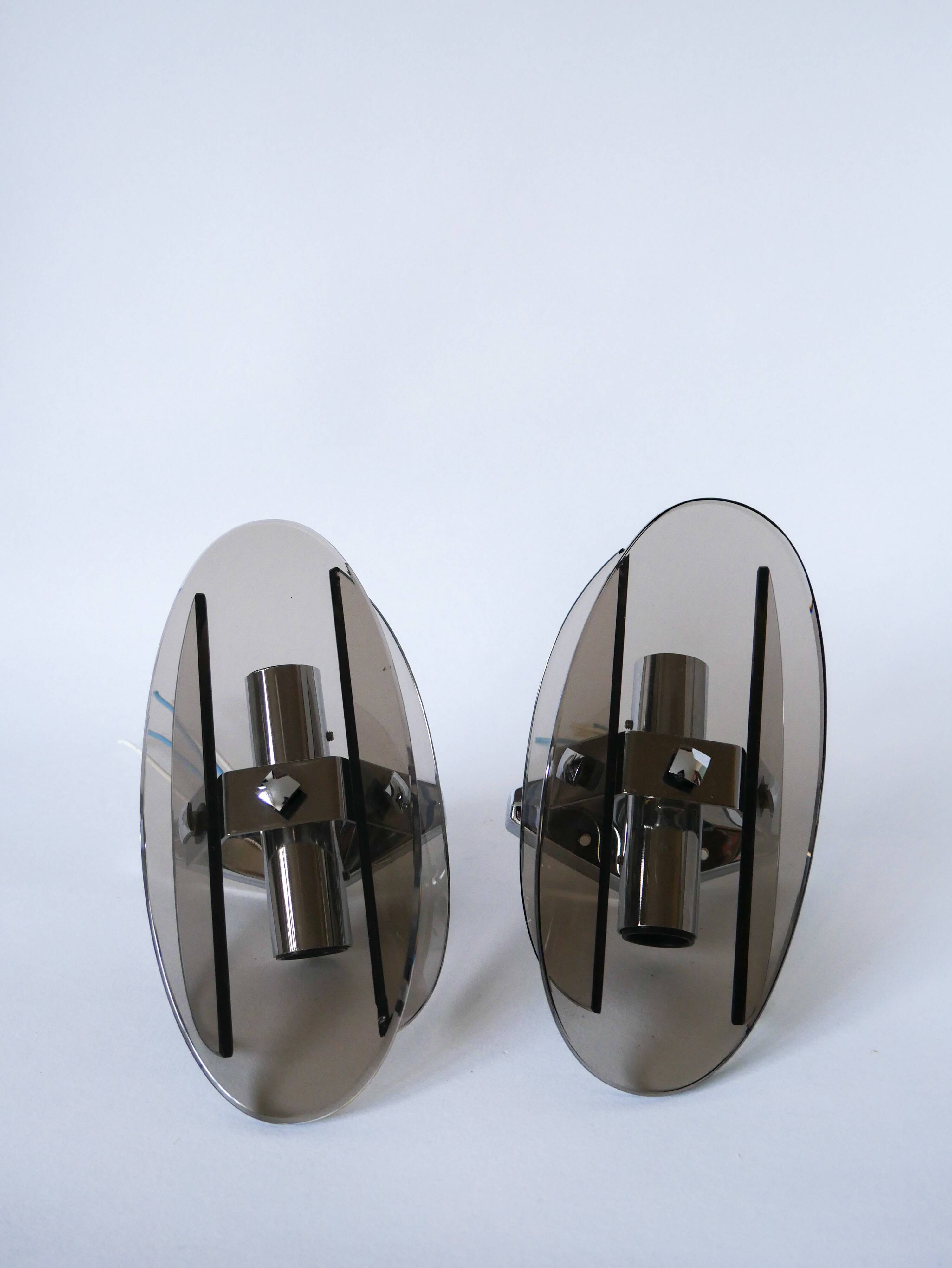 Pair of space age design smoked glass wall lights made in Italy 1970