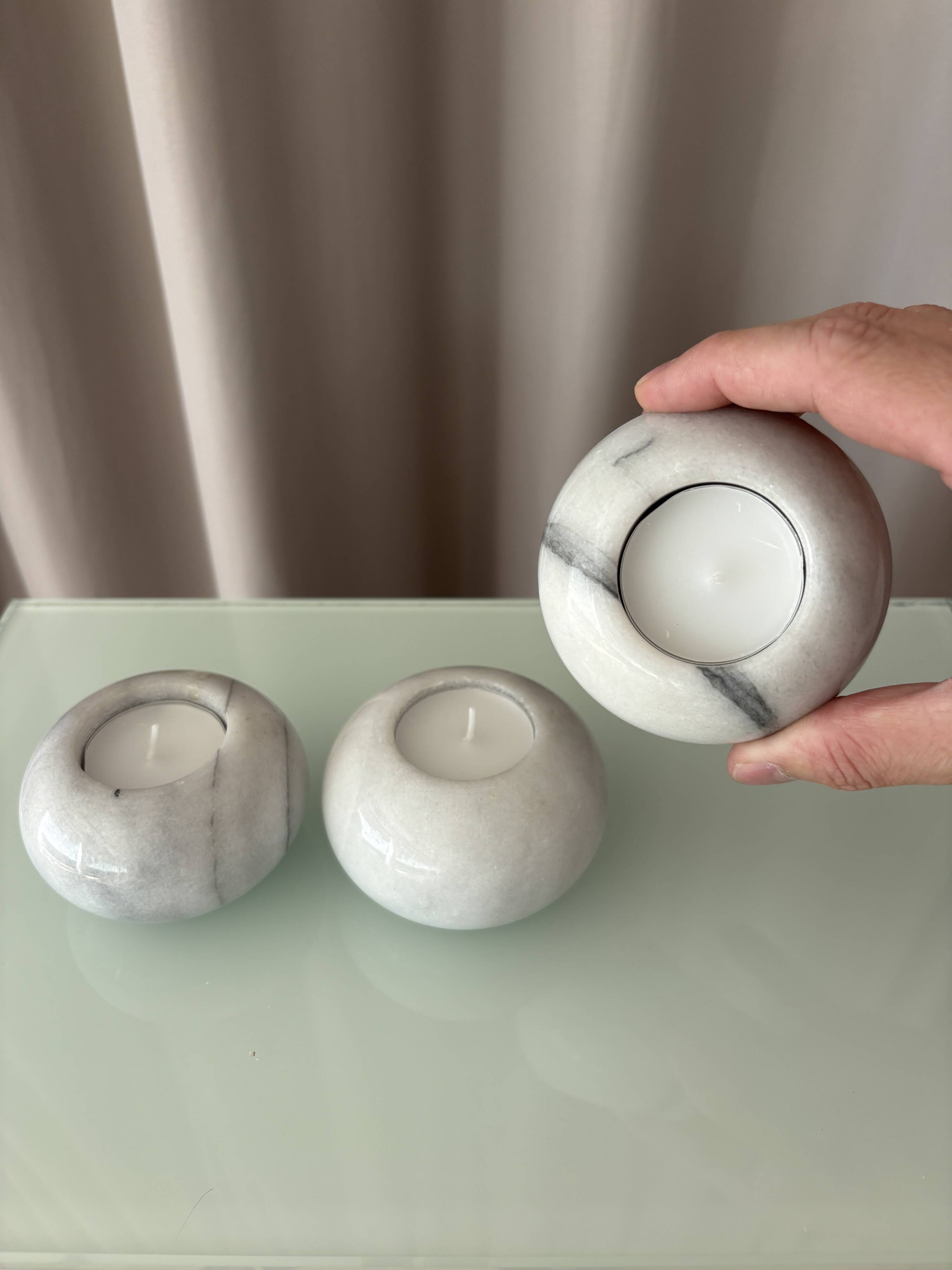 Set of 3 White Marble Tea Light Holders – Minimalist Scandinavian Style