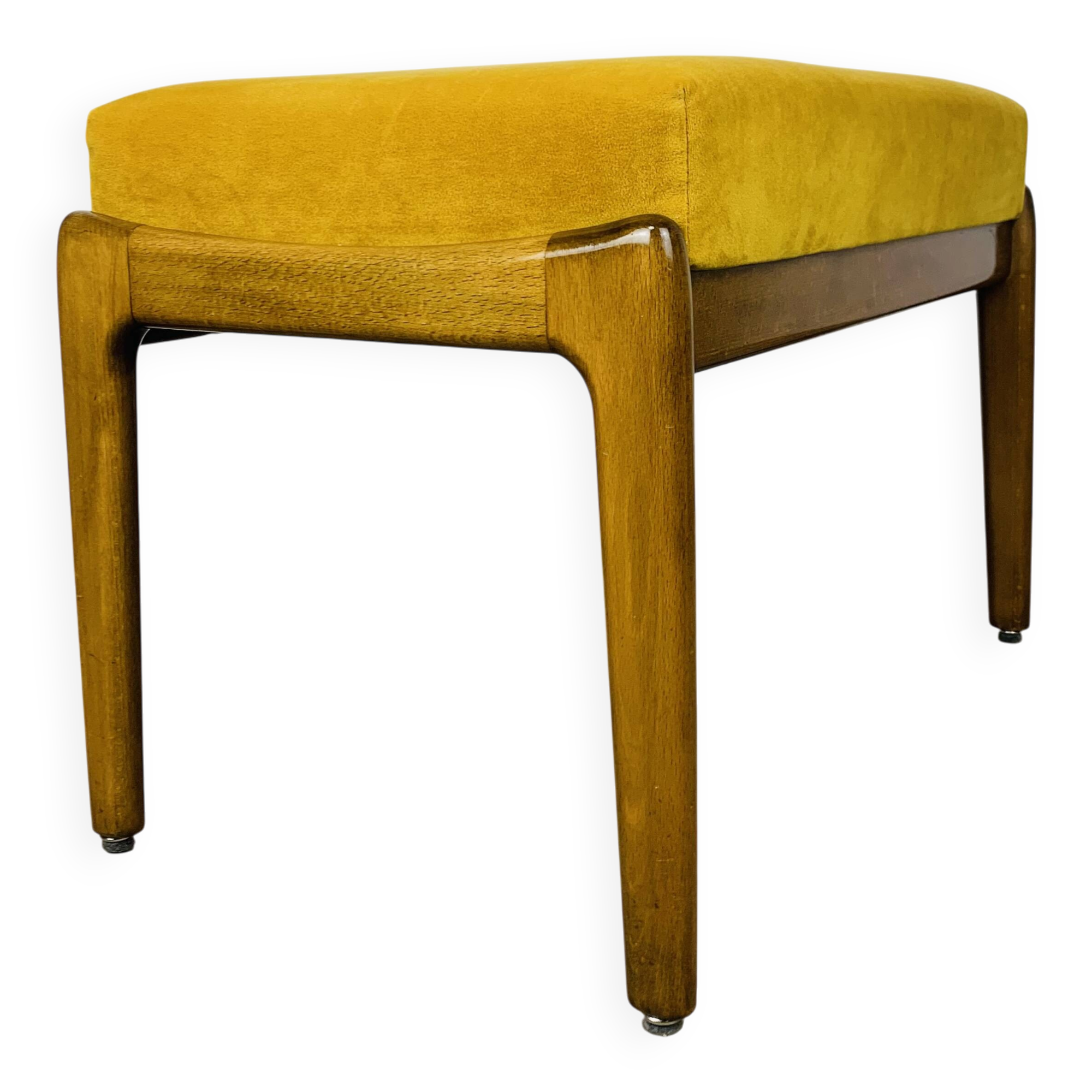 Tabouret scandinave en teck et velours jaune, années 60