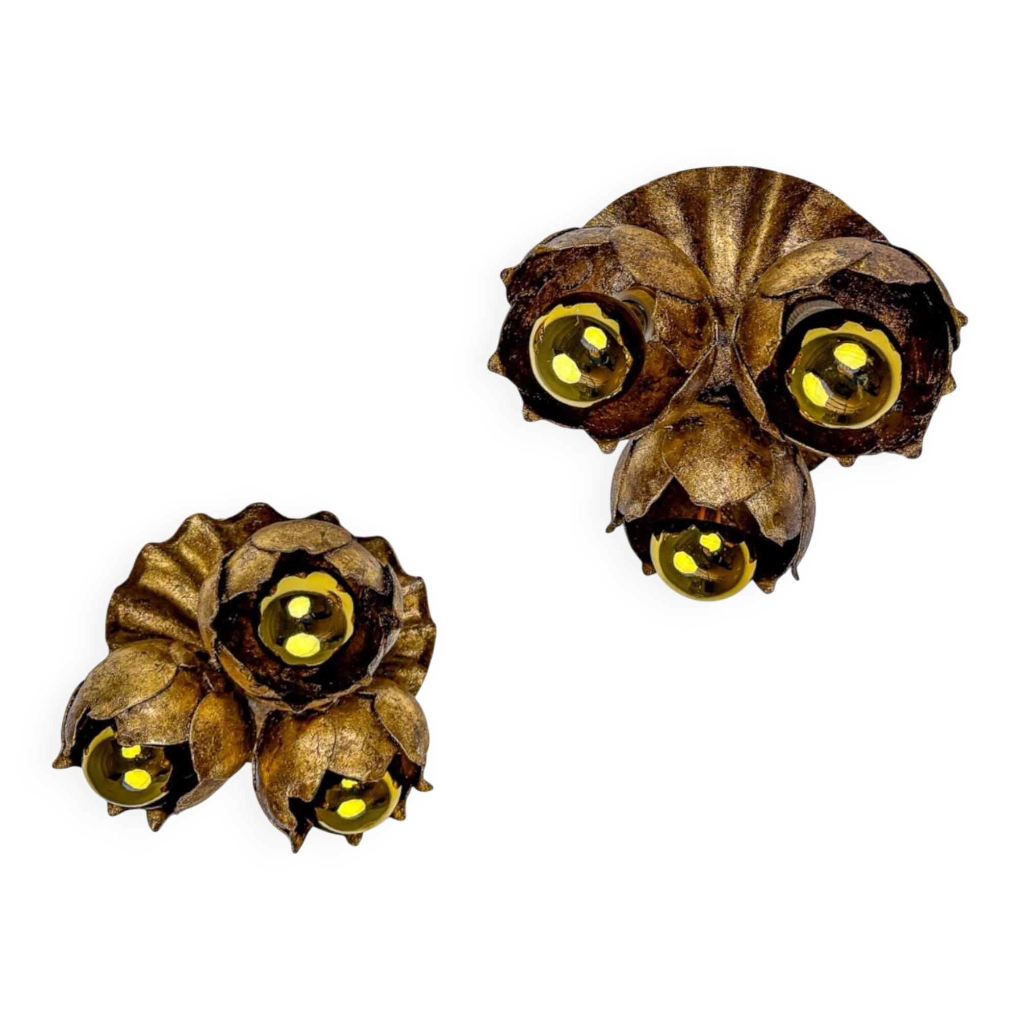 French floral bouquet three-light ceiling or wall light, gilt iron, 1940s