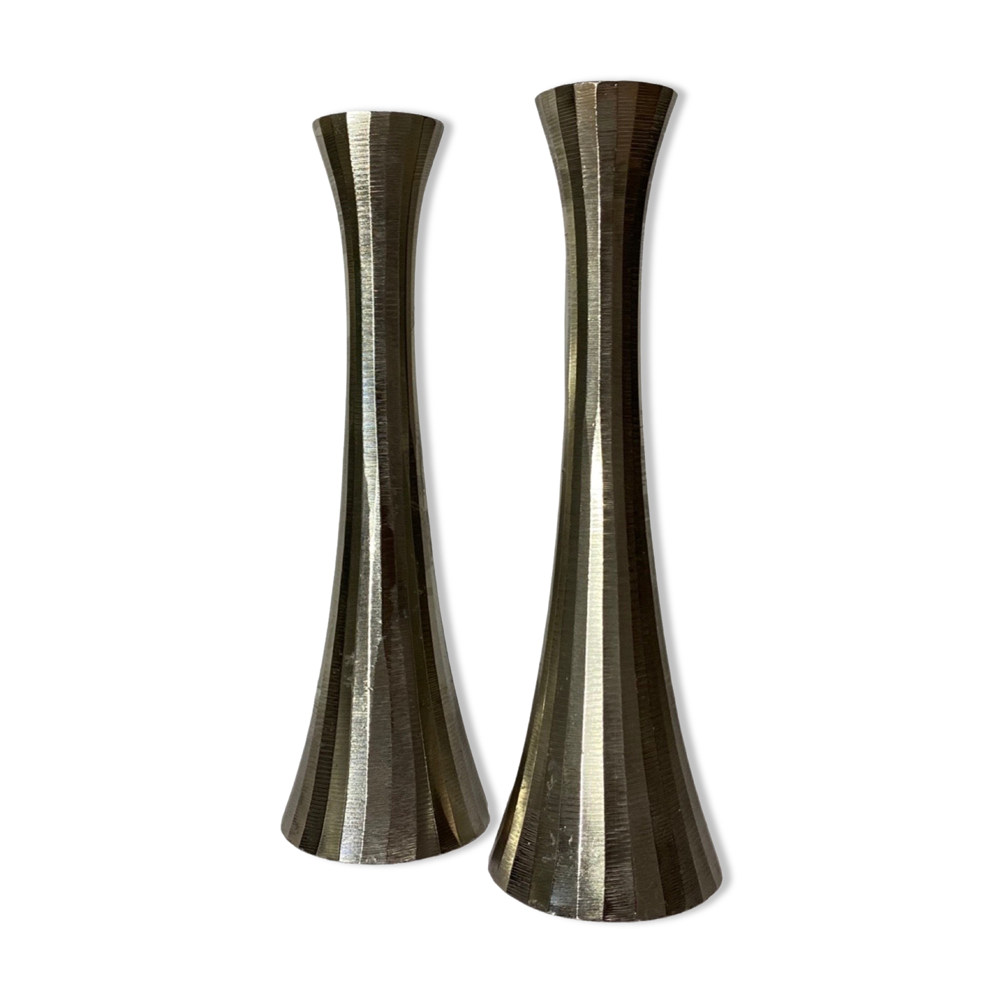 Ensemble de 2 bougeoirs brossés bougeoirs en métal vintage de couleur argent des années 1970