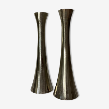 Set of 2 Brushed Candlestick Holders - Vintage Silver Colored Metal Candle Holders From The 1970s