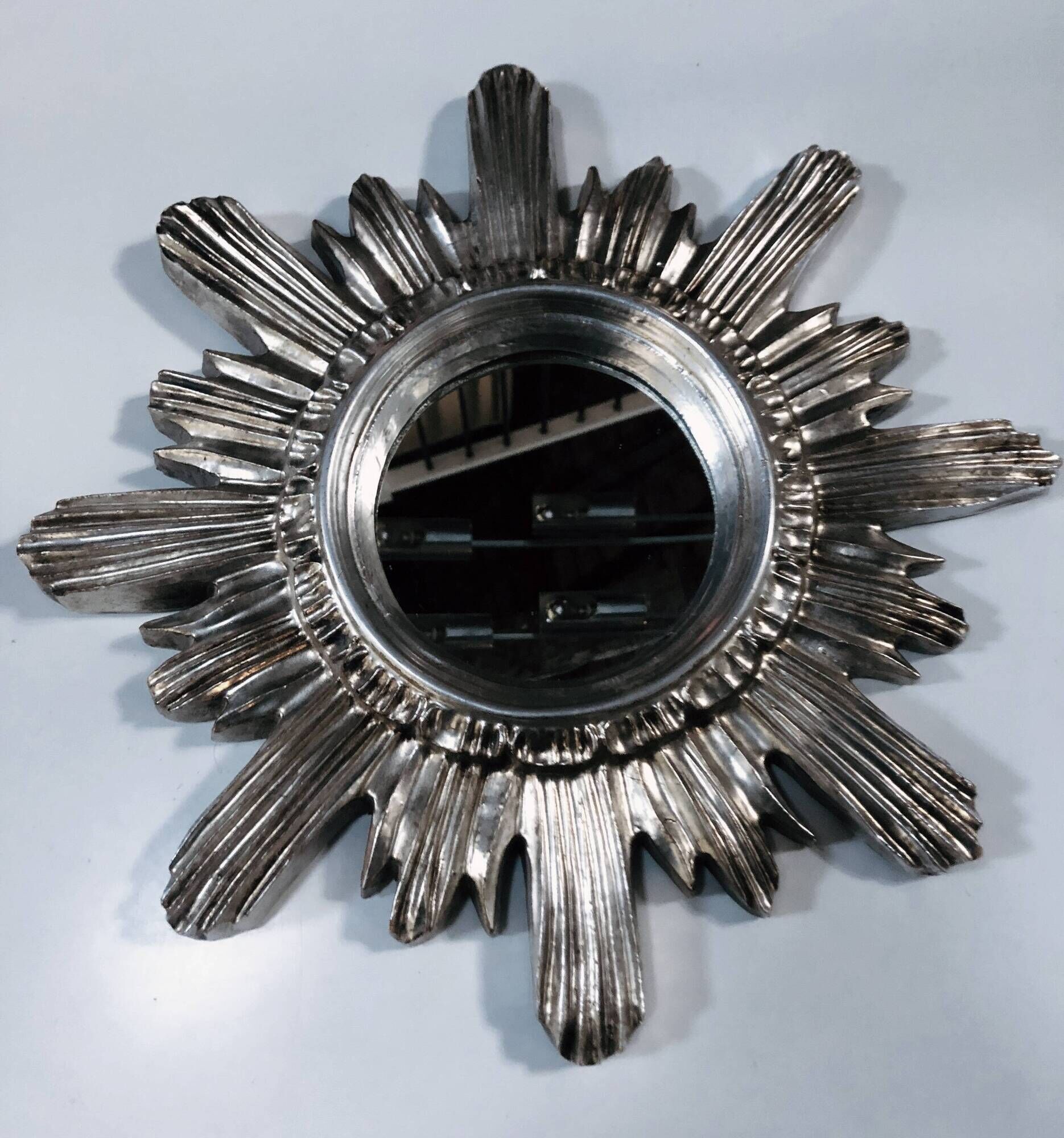Wall Sun Mirror • Large Model • Carved Wood • Silver • 1960-70
