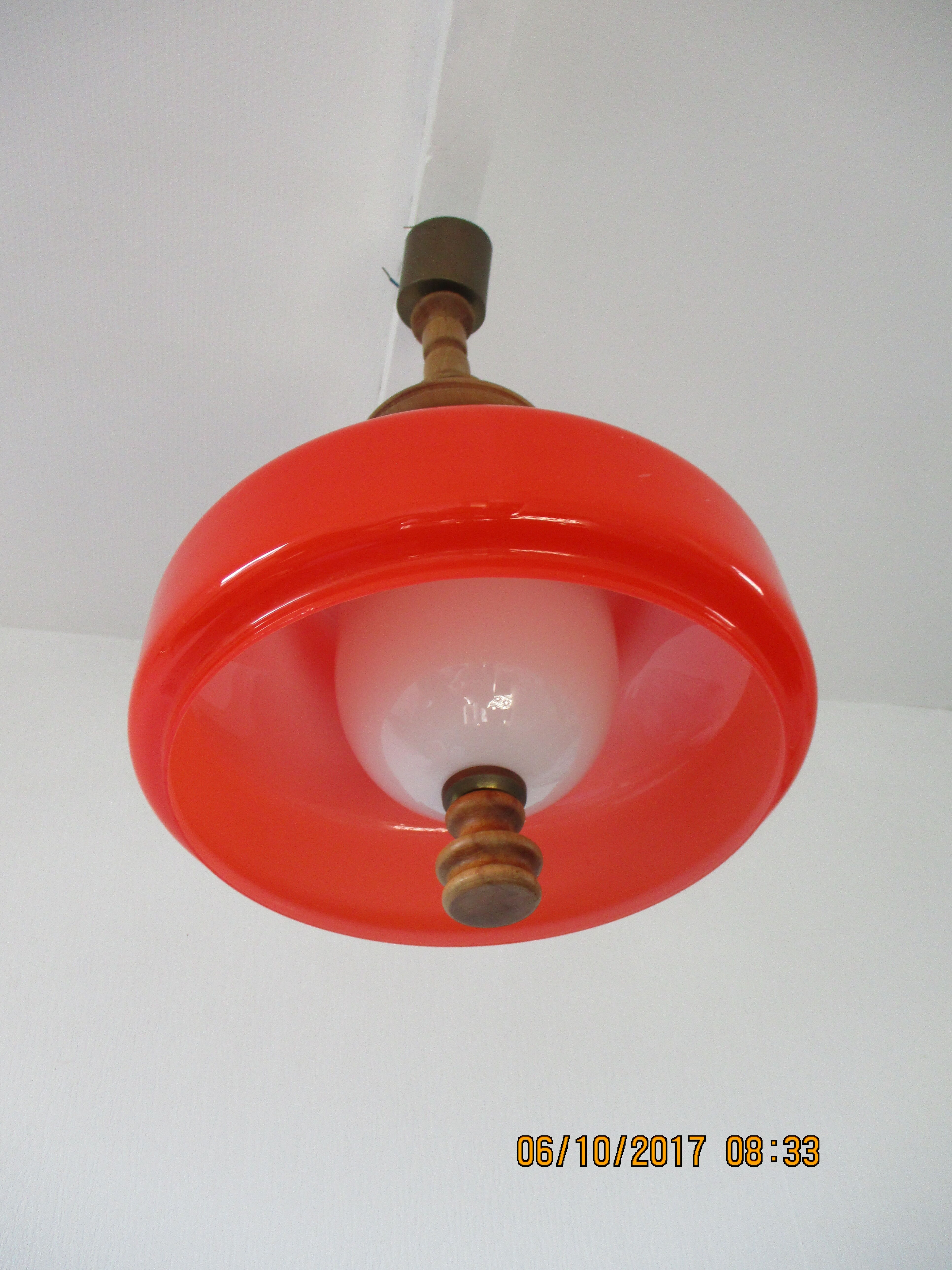 Large suspension in orange opaline and wood design 70s