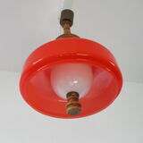 Large suspension in orange opaline and wood design 70s