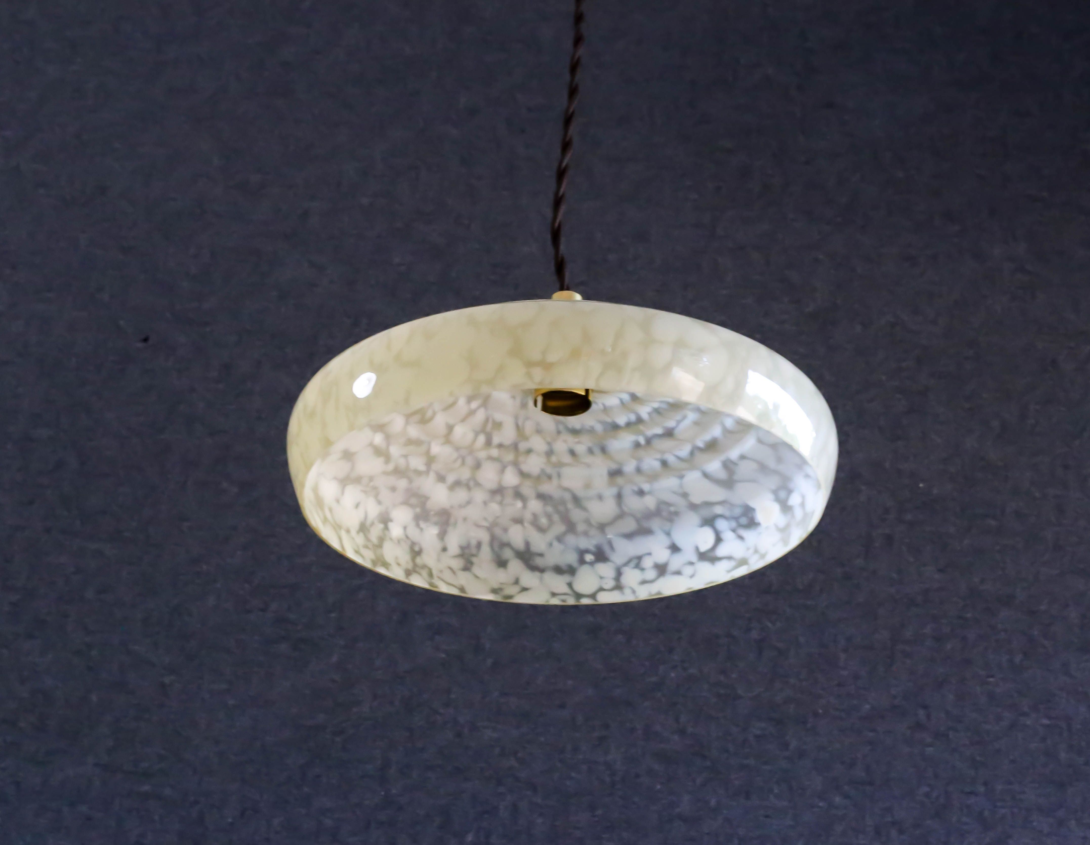 French pendant lamp in pale yellow clichy glass - delivered with new cable and brass socket