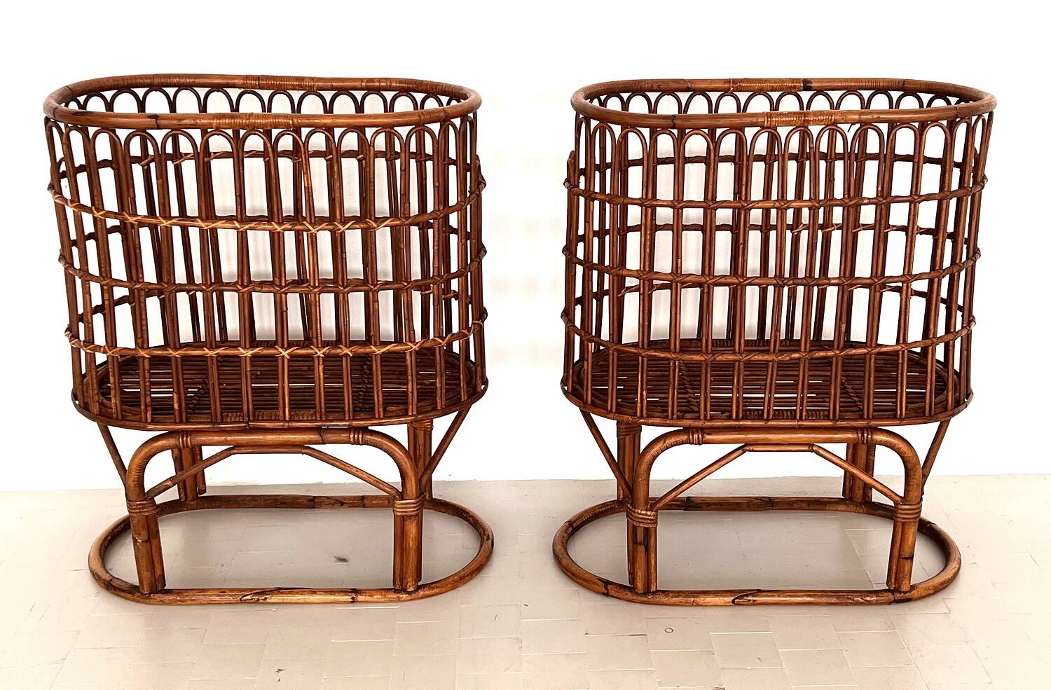 Pair French XXL Bamboo Baskets, 1970s