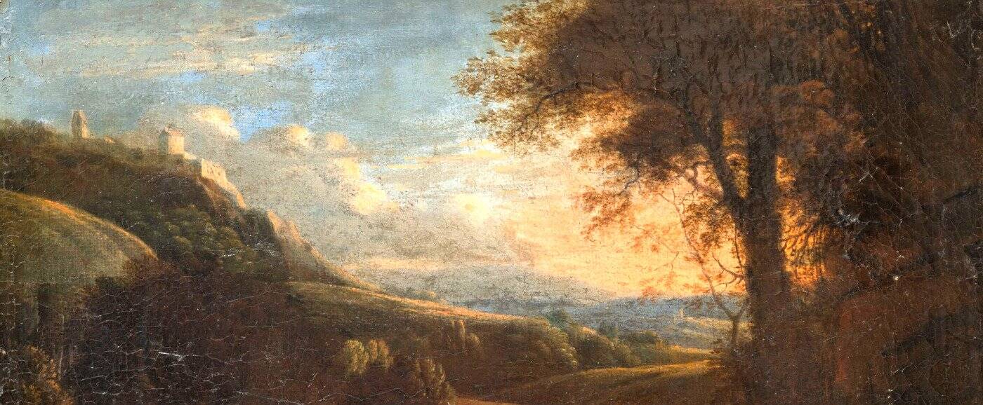 HST "The flight into Egypt, landscape at setting sun" by Hermann van Swanevelt (1600-1655)