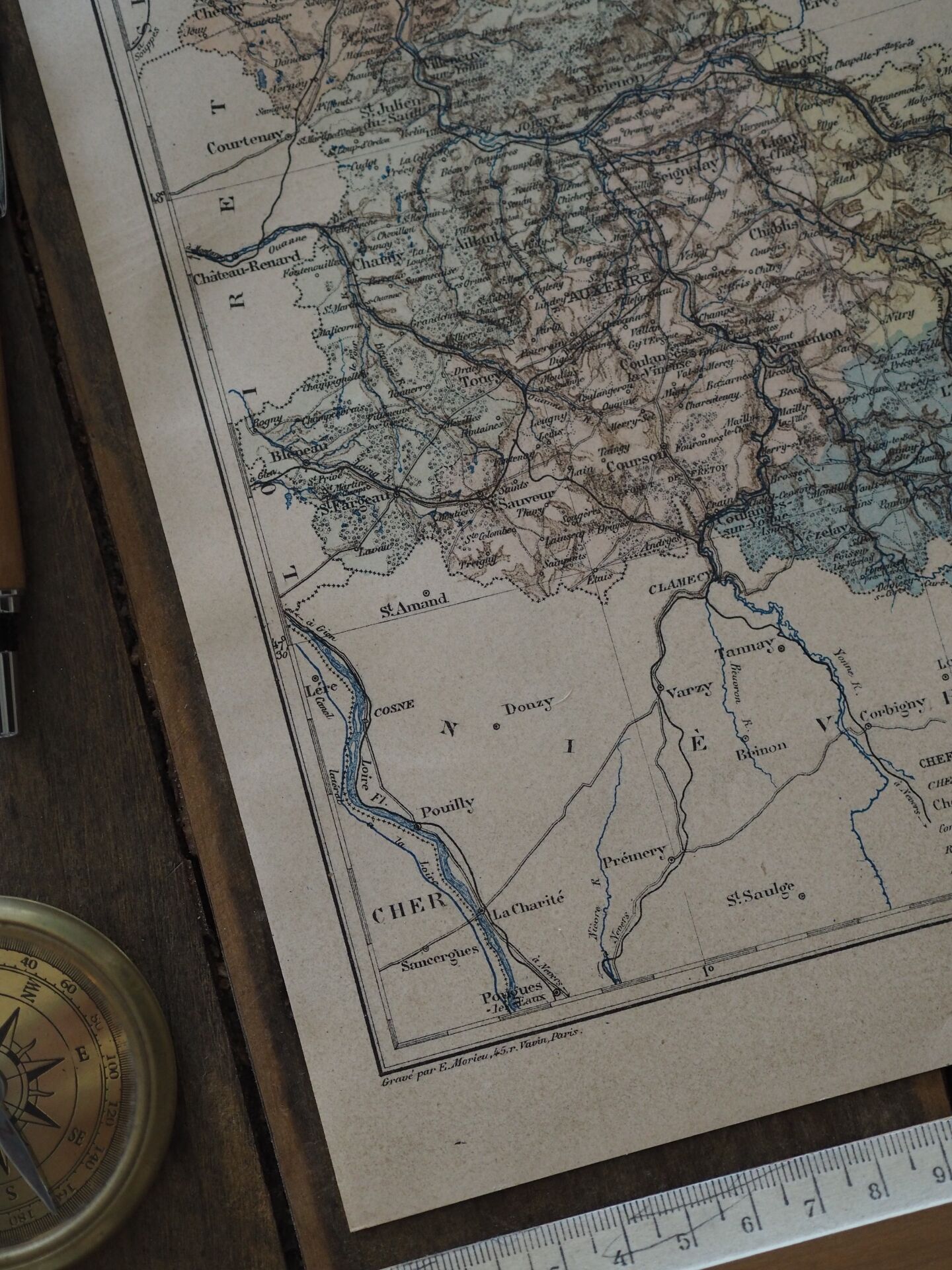 Map of the Yonne, printed in 1889. Authentic Vintage.