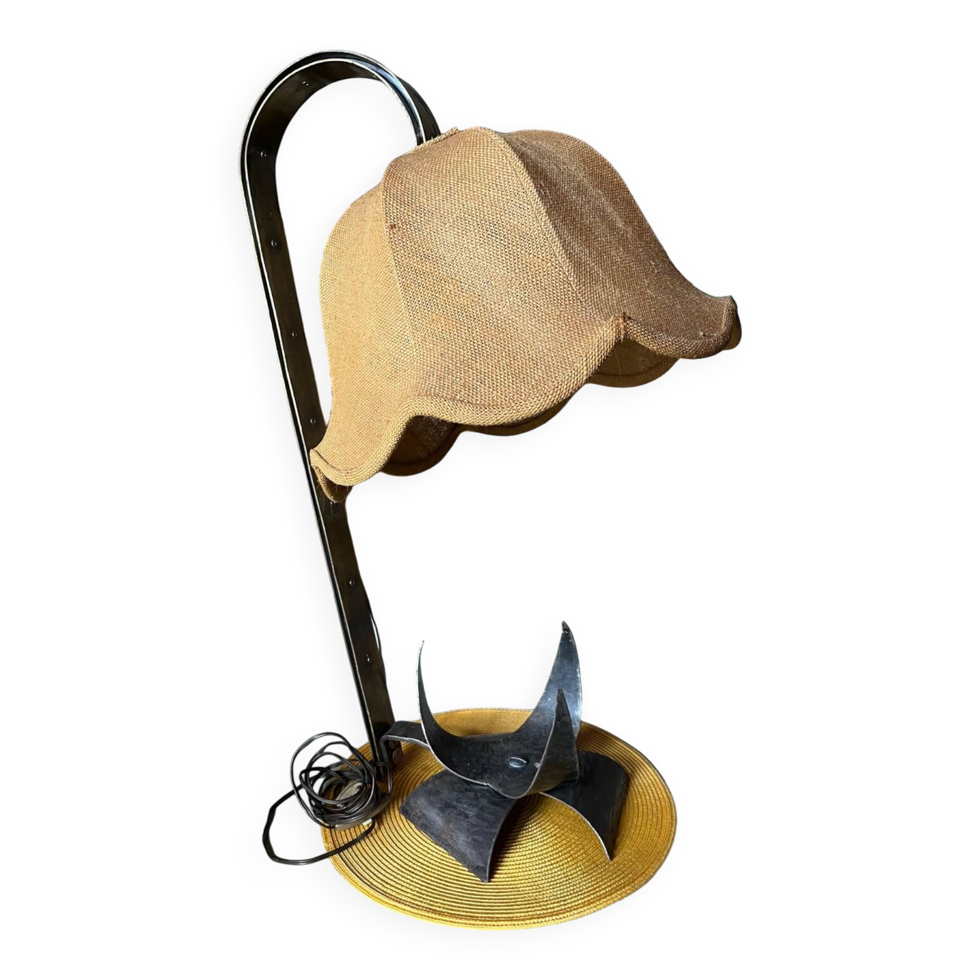 Vintage wrought iron burlap table lamp