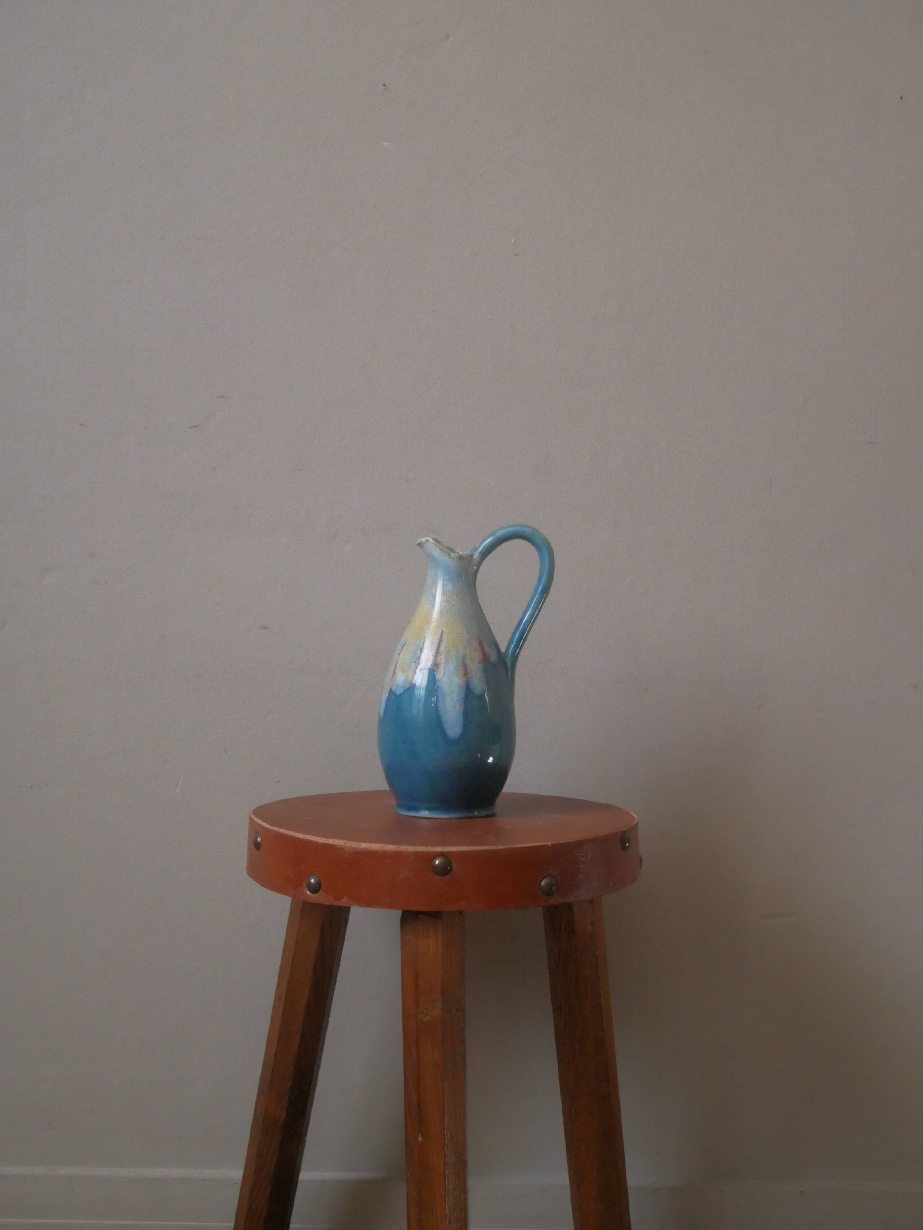 Vase with handle in enameled ceramic artisanal production country decoration slow handmade pottery