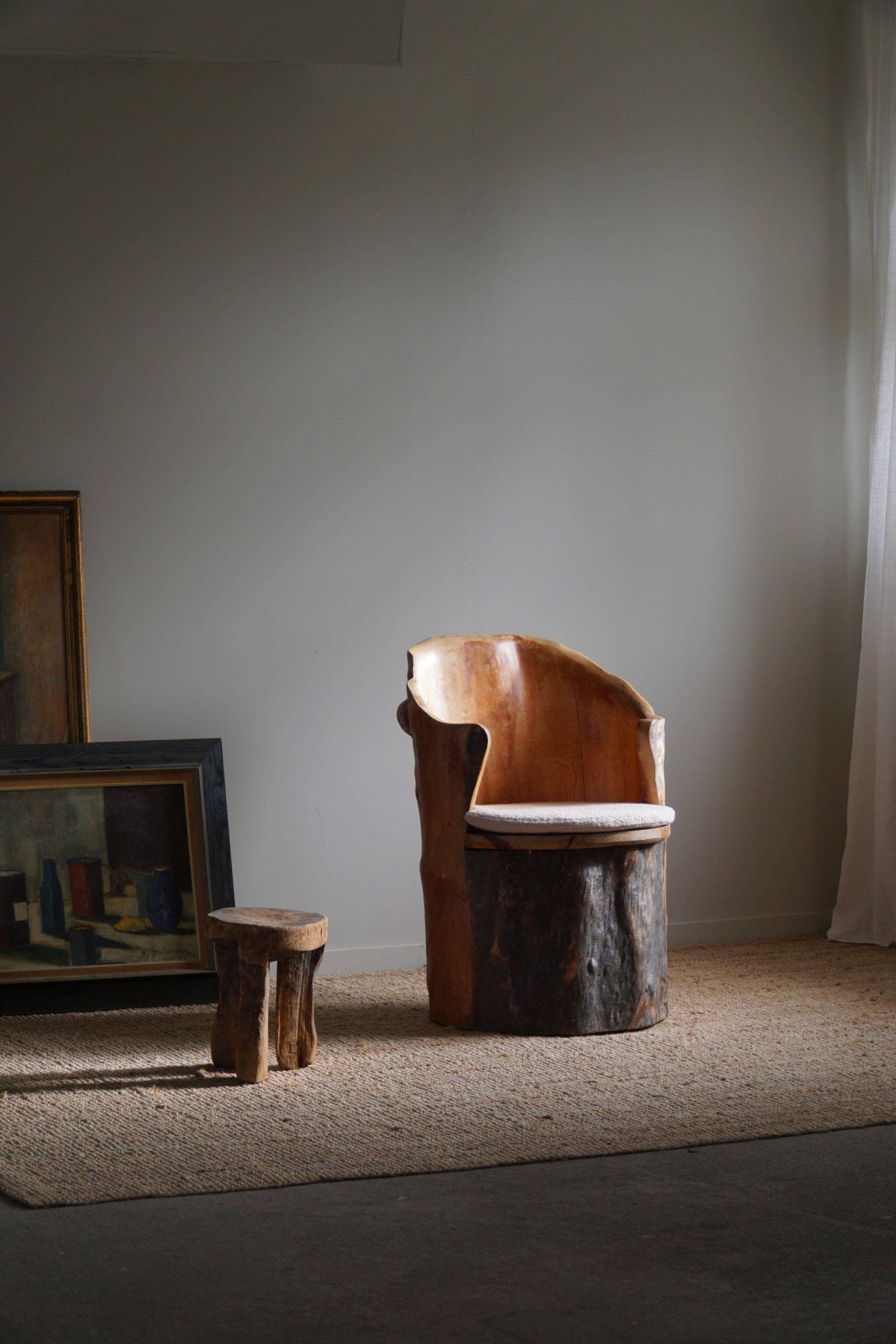 Sculptural brutalist armchair handcrafted in solid pine, Wabi Sabi style, Sweden, 1970s.