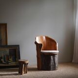 Sculptural brutalist armchair handcrafted in solid pine, Wabi Sabi style, Sweden, 1970s.