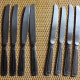 Mismatched set of 8 forks + 8 vintage shell stainless steel knives
