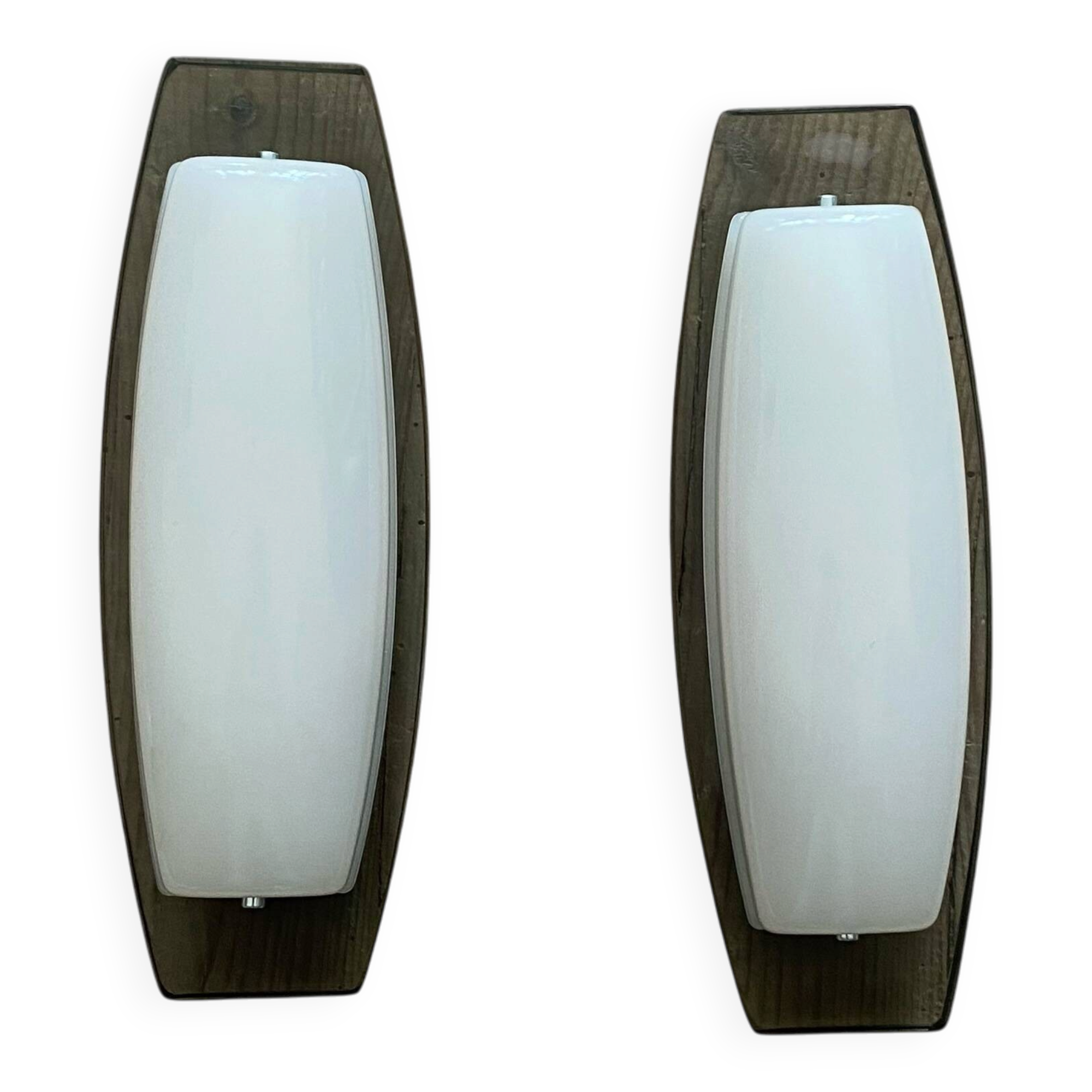 Pair of Veca Fontana wall sconces in smoked and white glass.