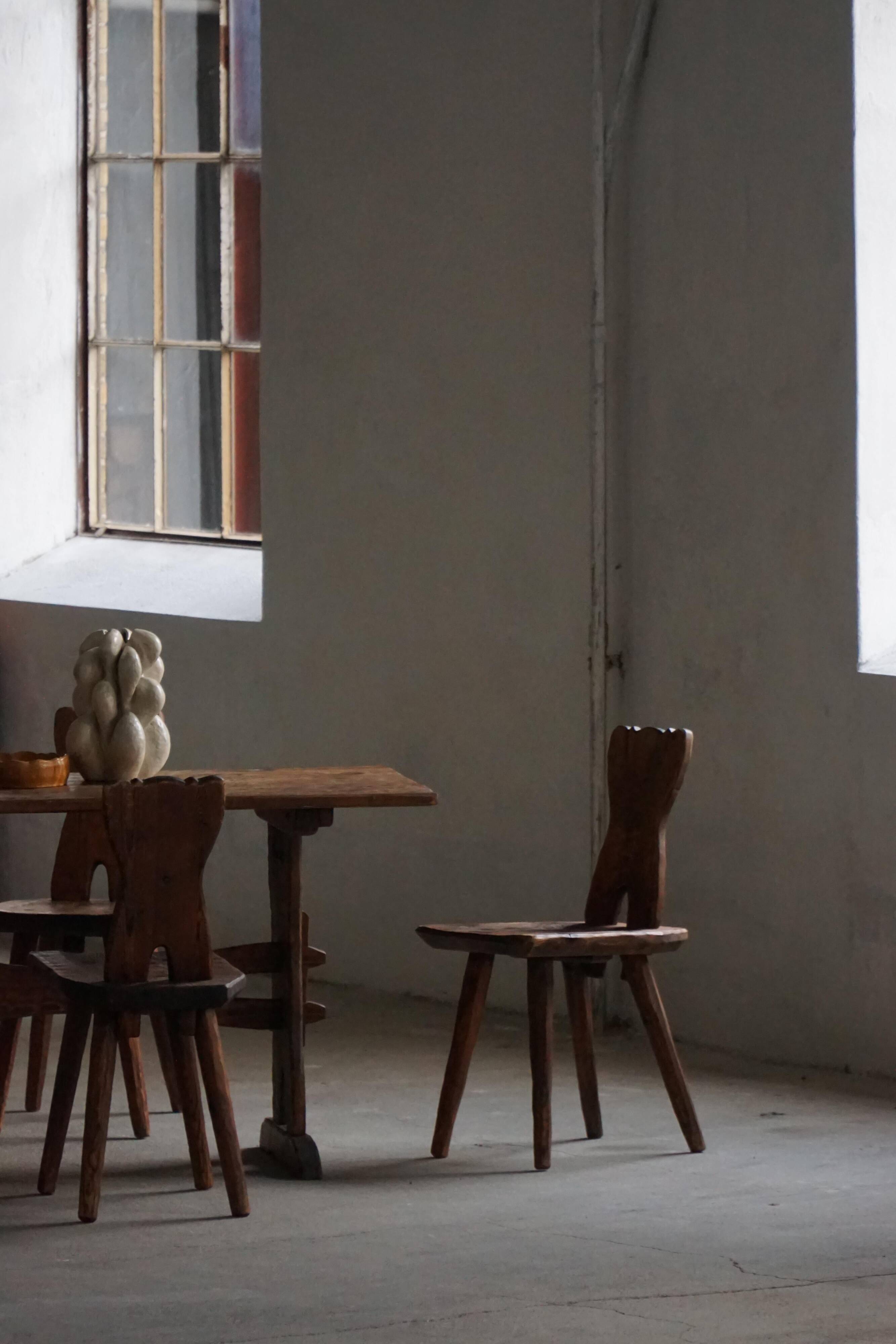 Mid-century Swedish ensemble, set of 4 "Sports Cabin" chairs handmade in pine, 1940s.