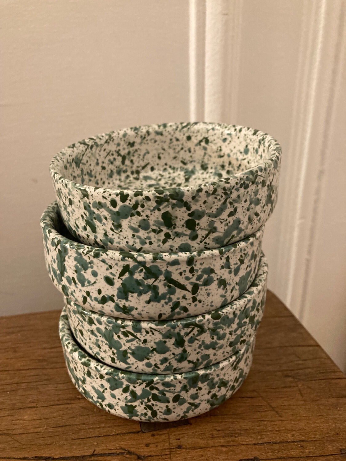 4 green speckled ramekins