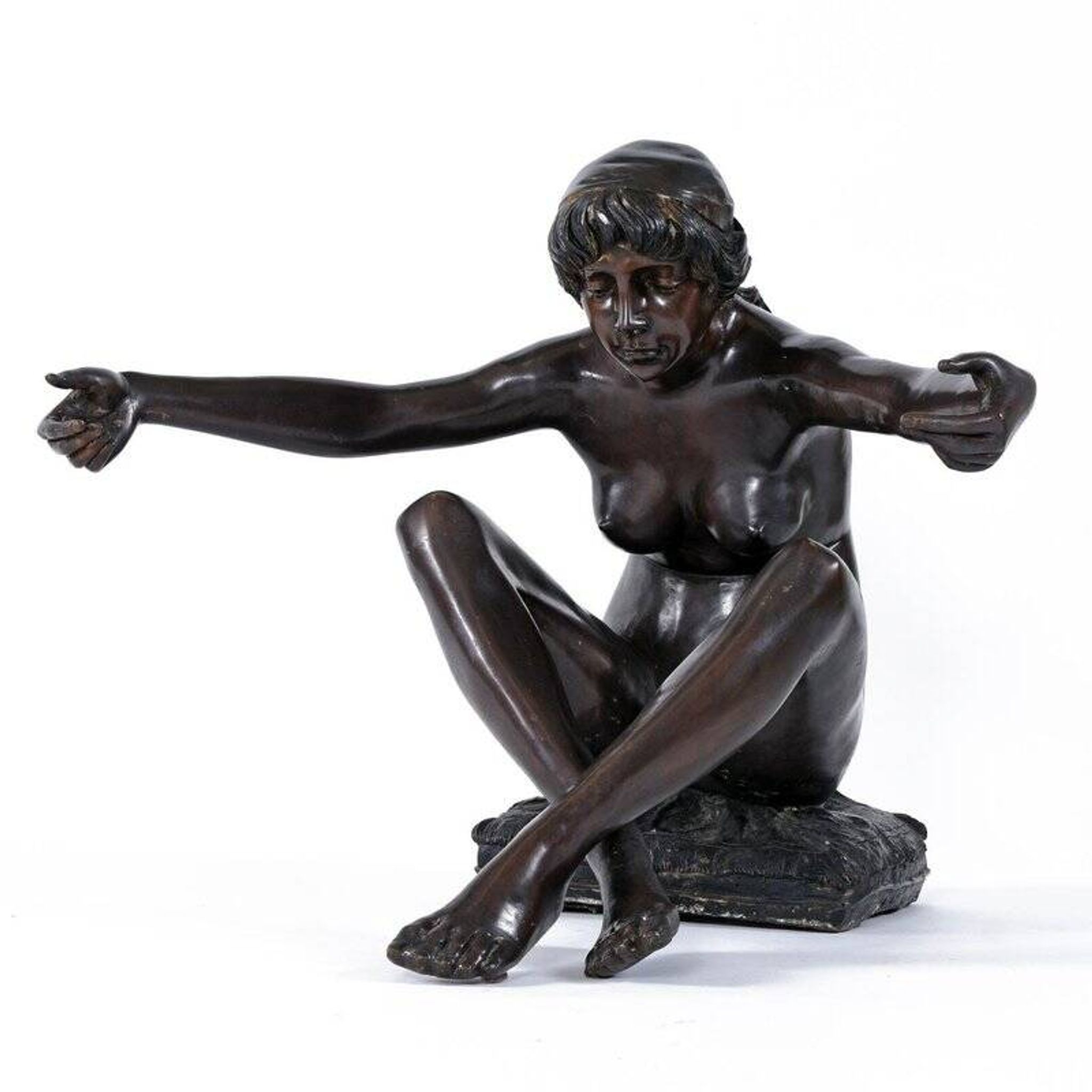 Table basse en bronze avec sculpture figurative et plateau en verre par C. Conndray