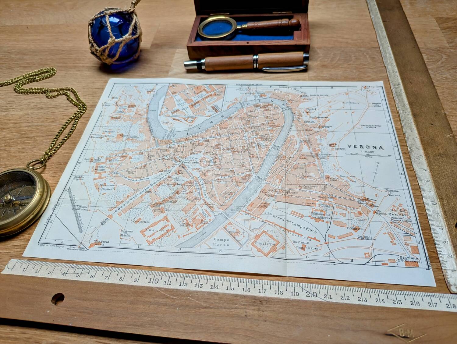 Printed in 1909, map of Verona (Verona), Veneto, Italy.