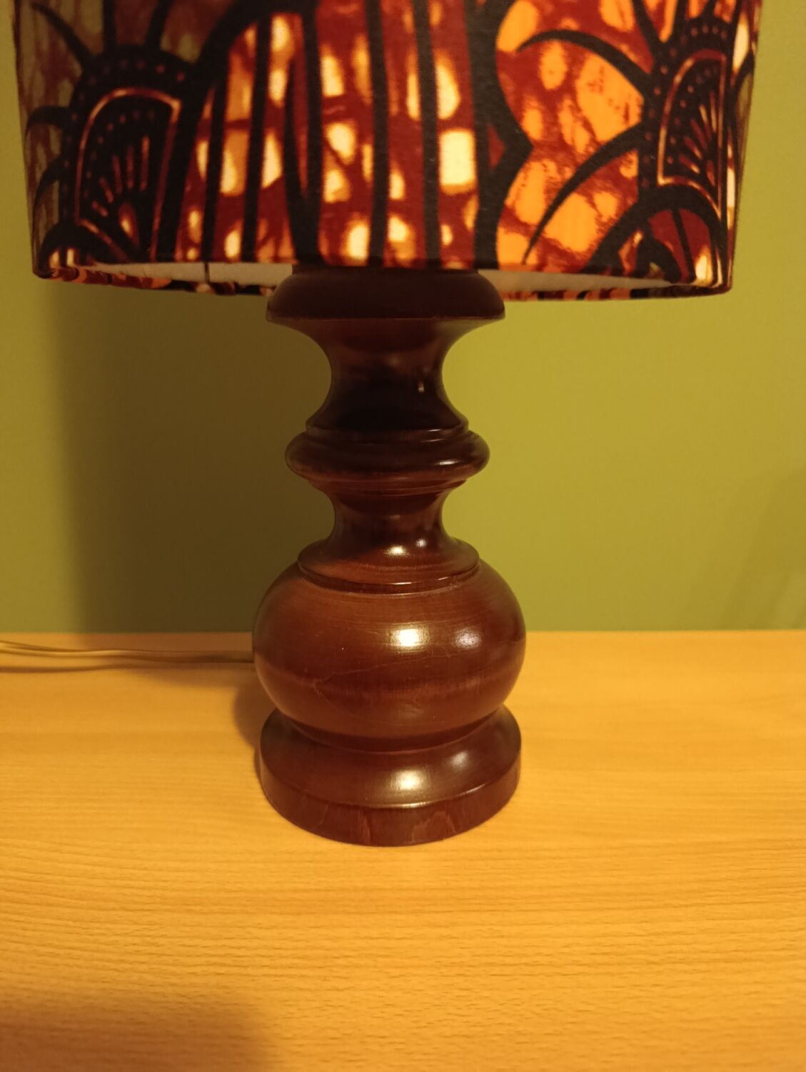 rustic chic turned wooden lamp, ethnic African wax lampshade