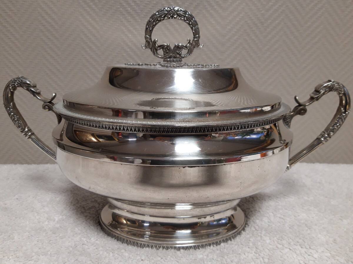 Antique silver-plated soup tureen – decorated handles – classic style