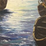 Painting by G. Bournonville, signed and dated 1986, oil on cardboard, boats at the quay