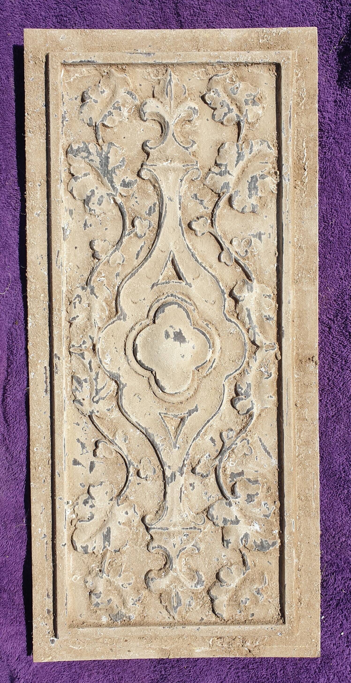 Polychrome carved wooden panel, wall element, old object