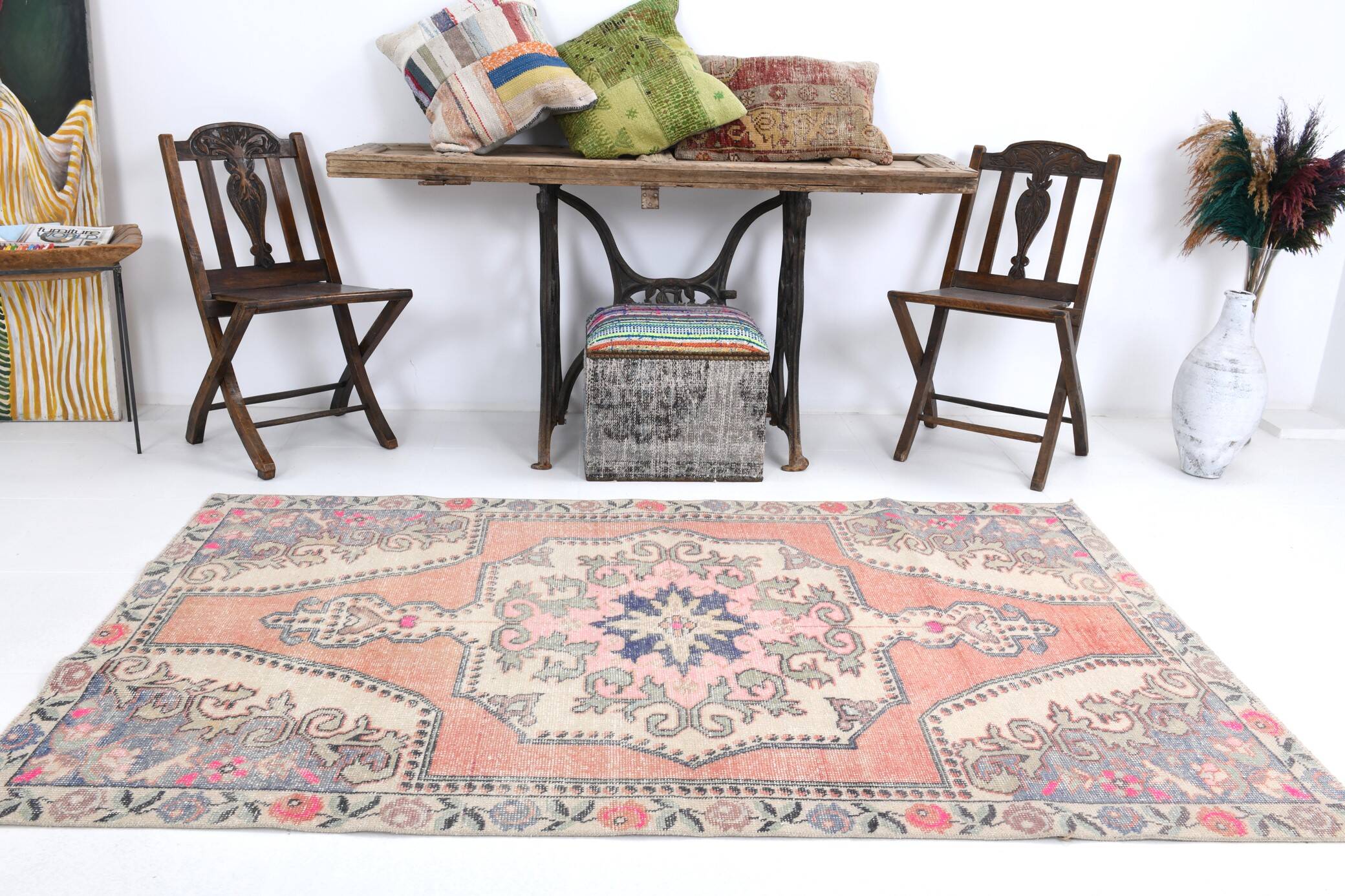 4x7 Pale Orange & Beige Oriental Wool Turkish Vintage Rug, 127x210Cm SK 6787