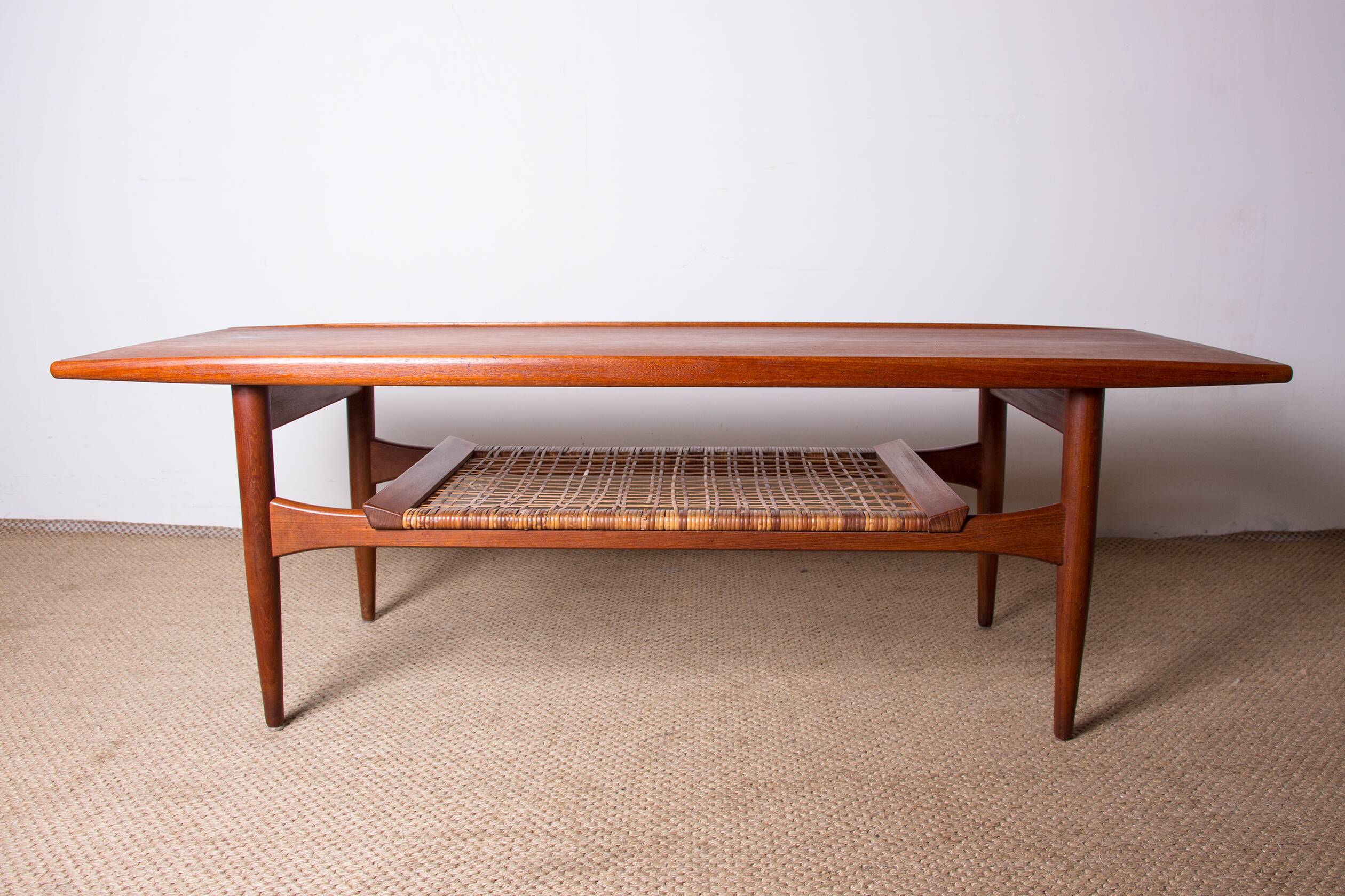 Danish coffee table in teak and rattan by KT Mobler 1960