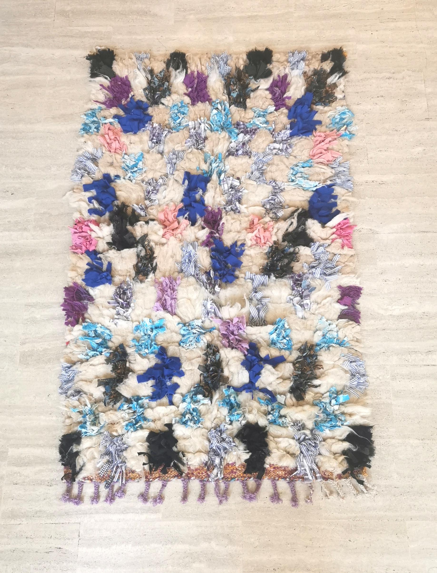 Small reversible colorful Boucherouite Moroccan rug