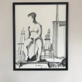 Charcoal drawing by Loïc DUBIGEON 1934-2001. Nude in the studio