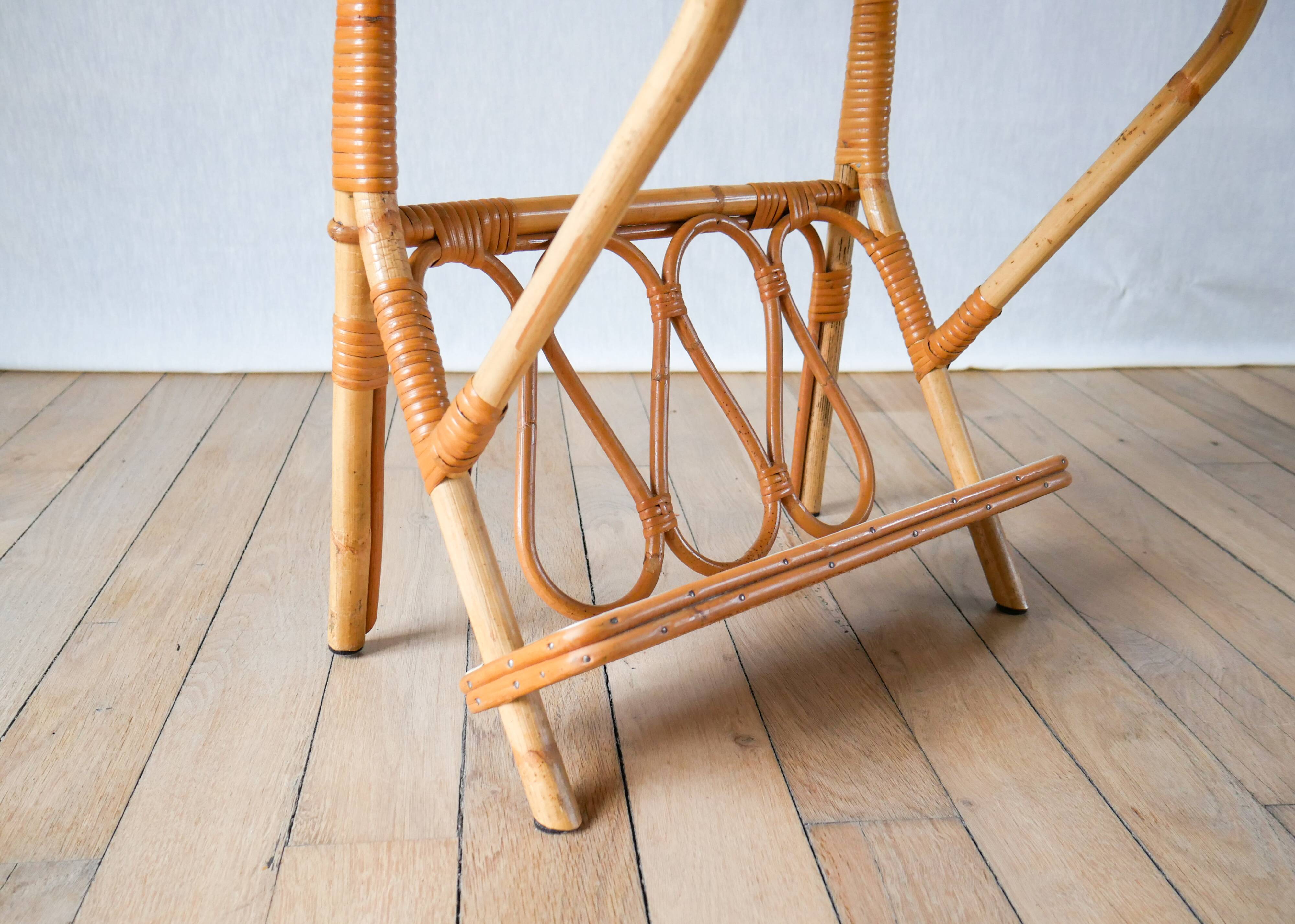1960s rattan and bamboo side table with magazine rack