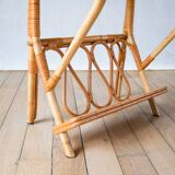 1960s rattan and bamboo side table with magazine rack