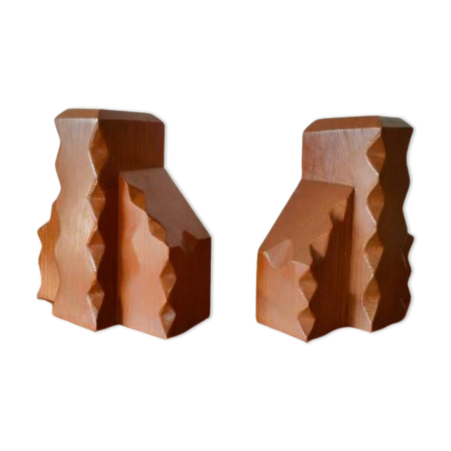 Brutalist carved wooden book ends, Dutch 1960s