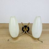 50s double-light wall light, brass and black metal, opaline tulips