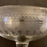 6 champagne glasses in antique glass, blown and engraved