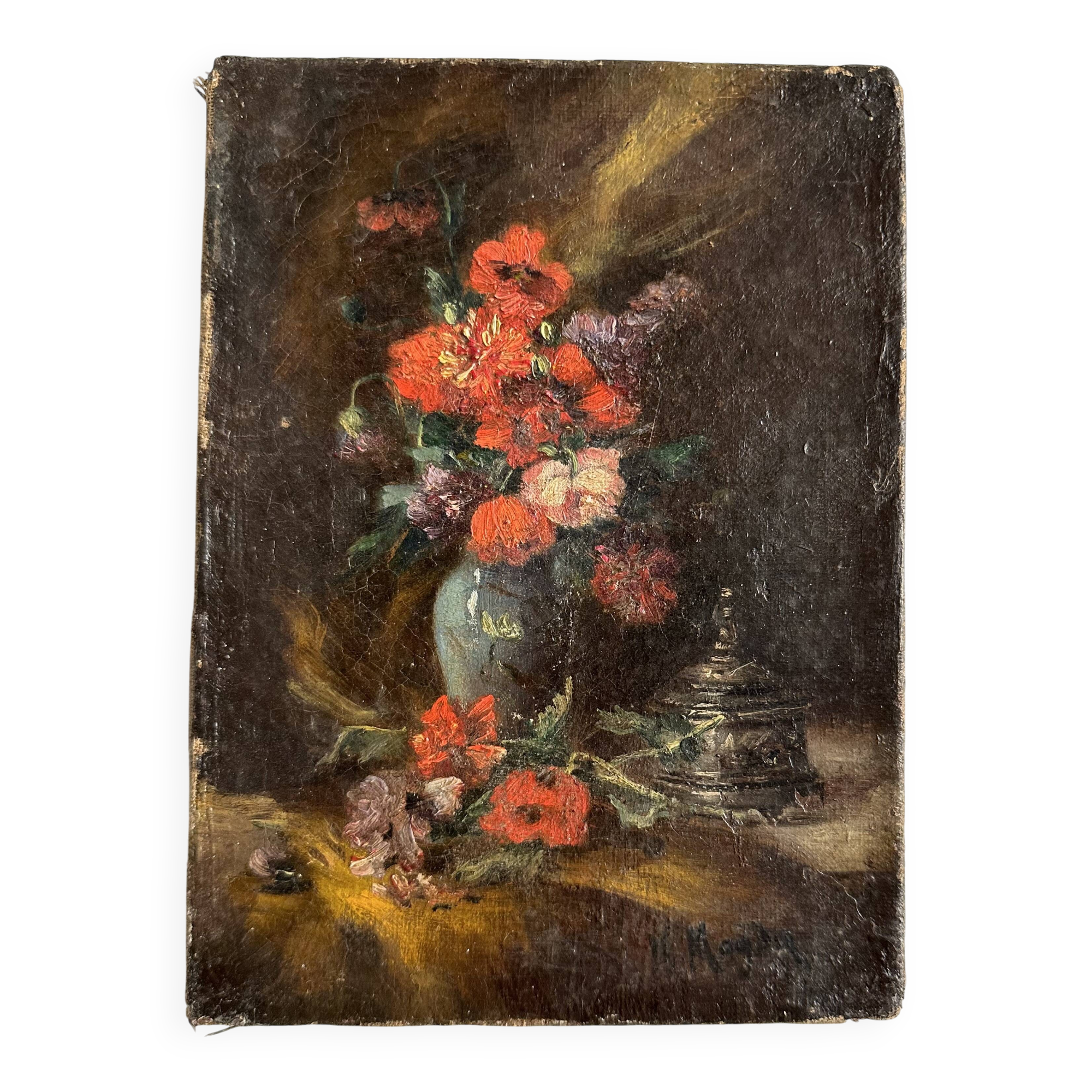 Miniature still life, oil painting signed from the 19th century, French school.