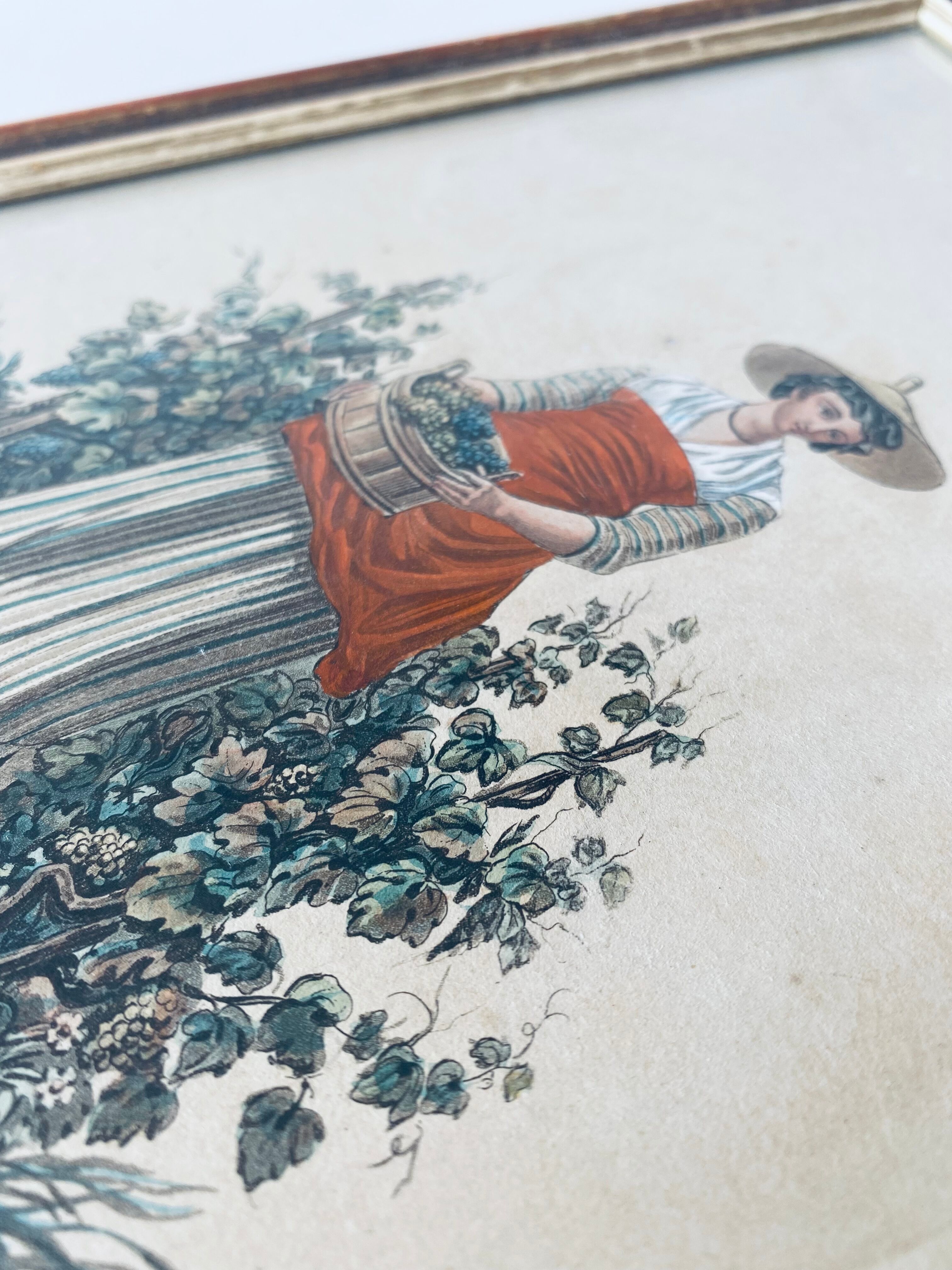 Framed antique engraving, harvest scene