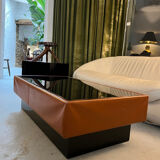 Caramel leather and black glass coffee table