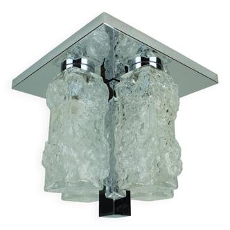 Mid century flush mount ceiling fixture with 4 ice glass cuboids