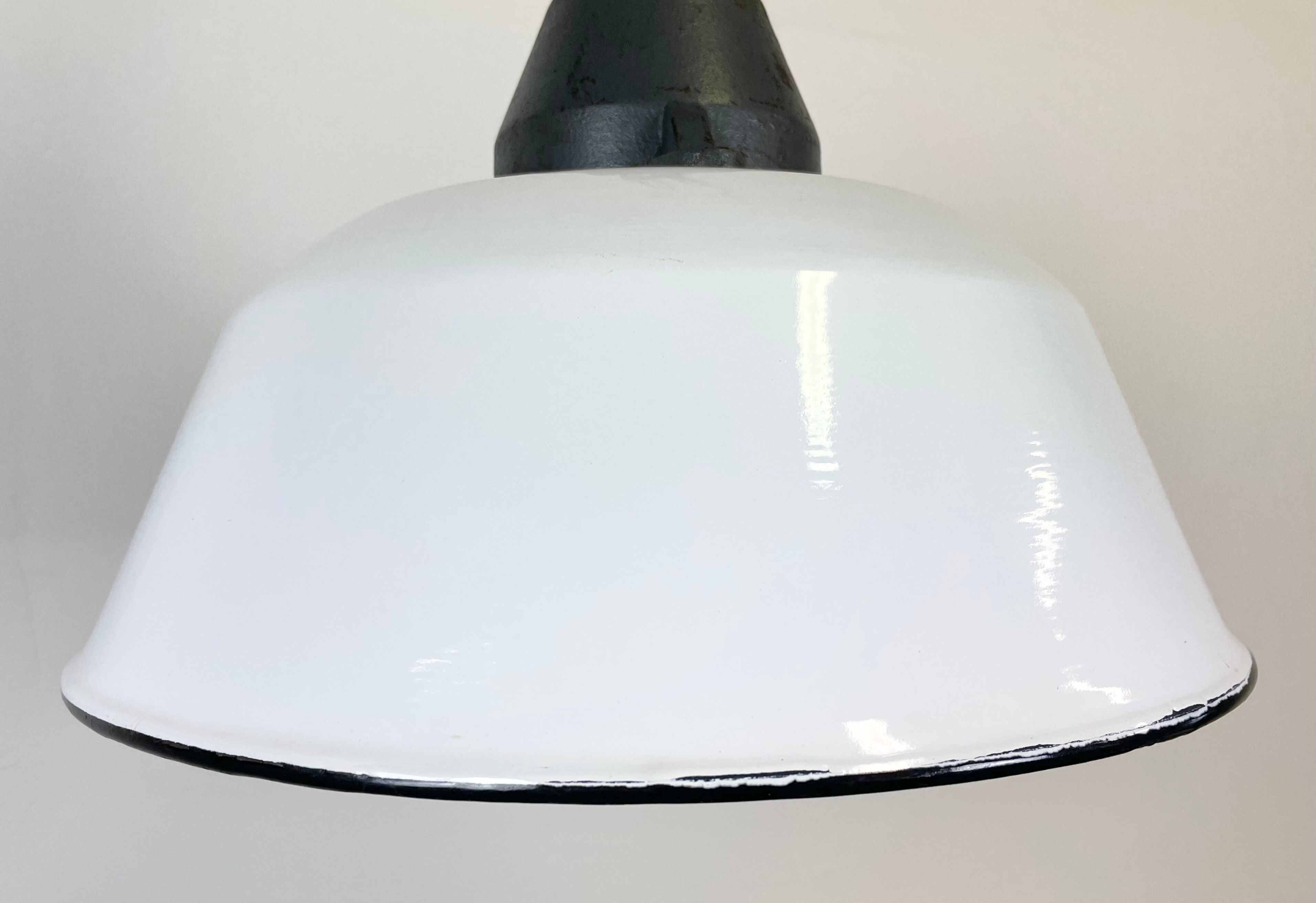 White Enamel and Cast Iron Industrial Pendant Light, 1960s