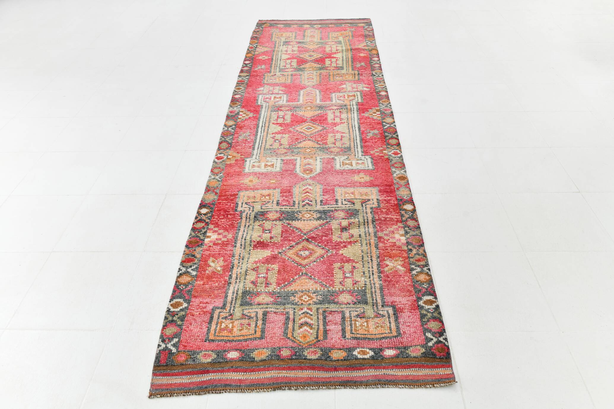 4x12 Vintage Long Wide Vintage Runner, Soft Red Wool Runner Rug, 104x363Cm
