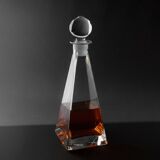 Vintage Murano glass decanter from the 1980s, transparent crystal pyramid with a spherical stopper, Linea 7.